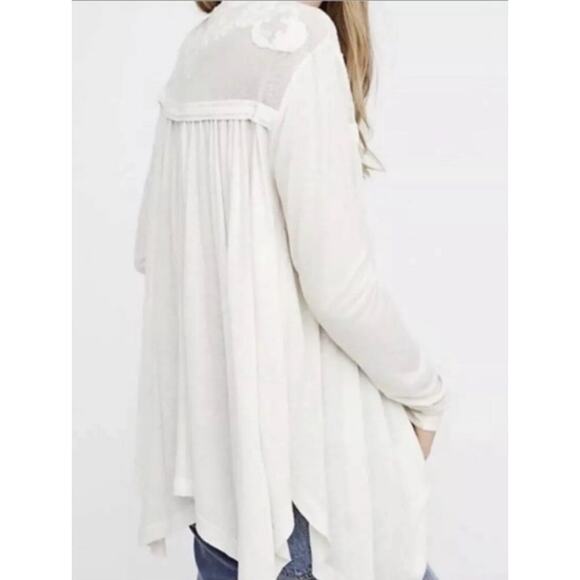 Free People To the Sea Lace Cream Oversized Long-Sleeve Henley Blouse Top, M - Picture 2 of 9